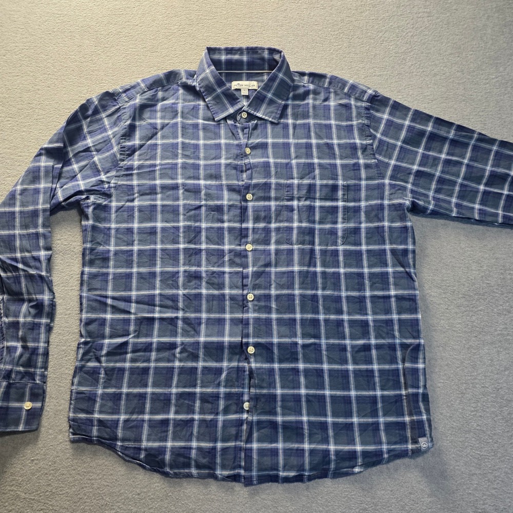Peter Millar  Button Down Shirt Mens Large Blue Plaid Long Sleeve Casual Preppy